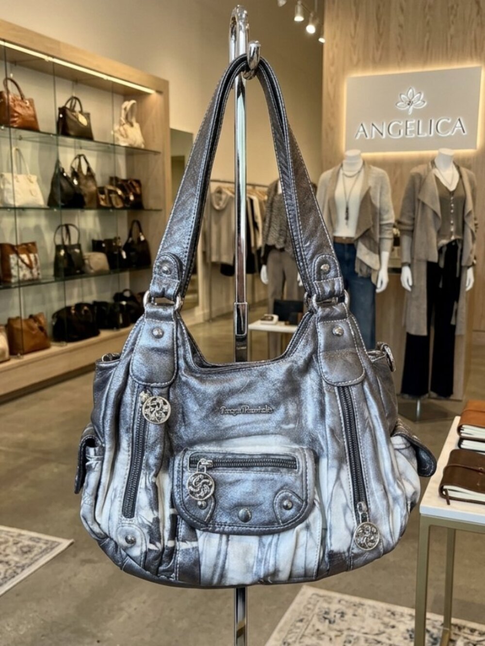 Angel Barcelo Grey Wash Tie Dye Multi-Pocket Hobo Bag